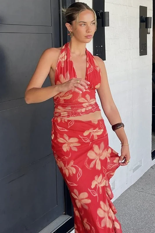 Halter Deep V Ruffle Patchwork Cutout Long Floral Dress - Image 2