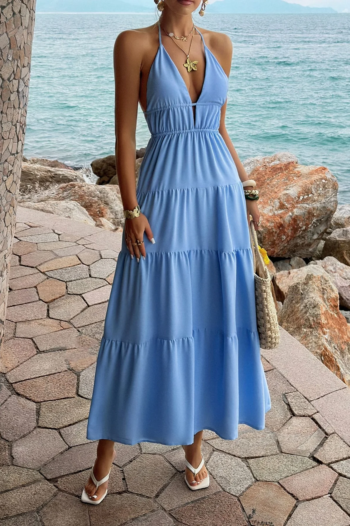 Halter Deep V Tiered Vacation Dress - Image 10