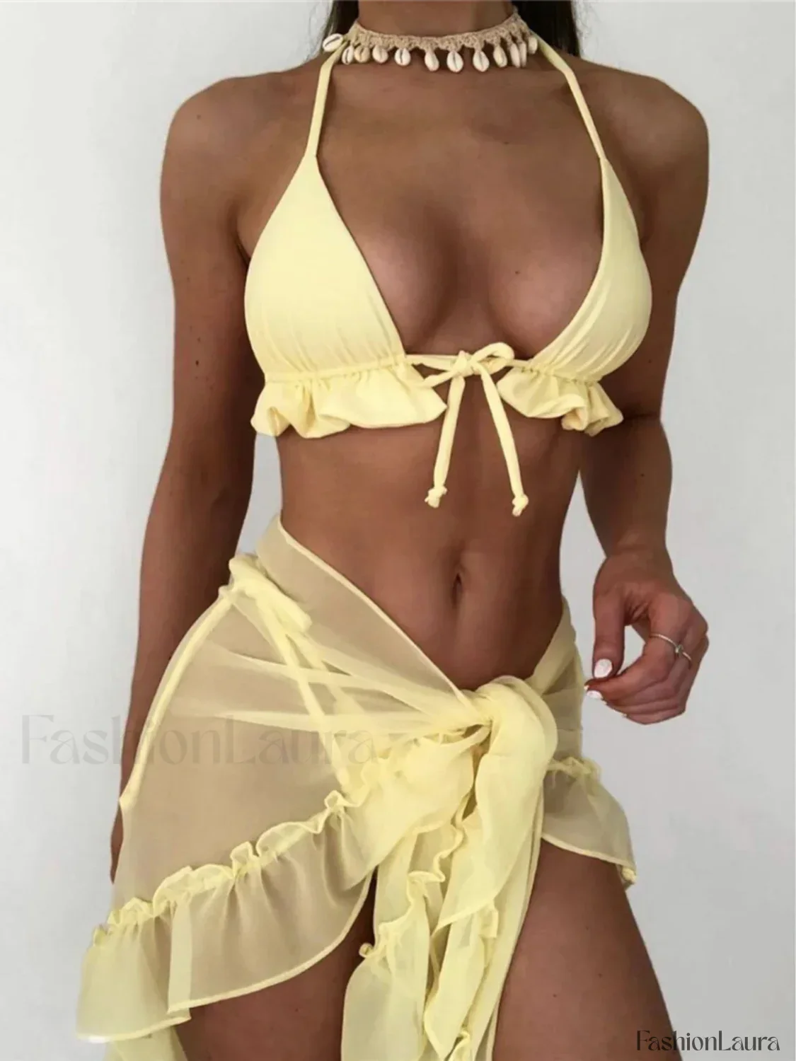Halter Ruffled Sarong Bikini Three Piece Set - Image 5