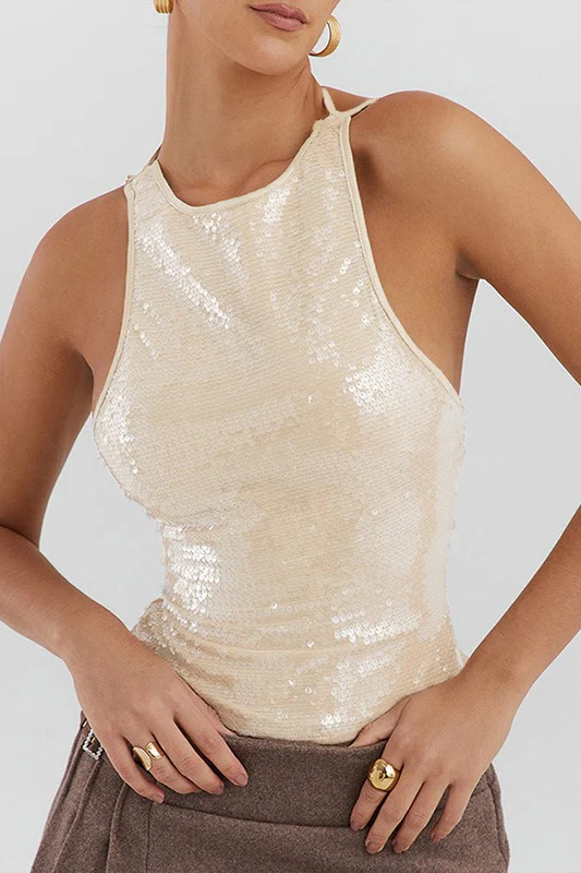 Halter Sequin Back Tie Tank Top