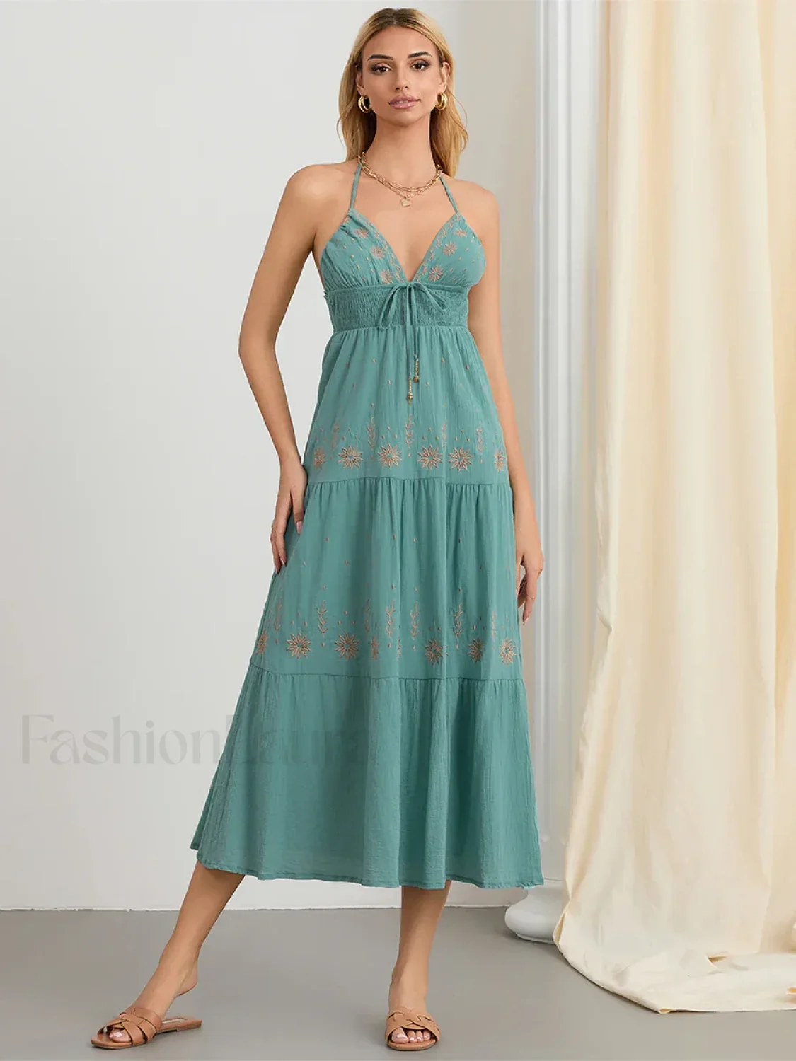 Halter Tie-Up Embroidered Boho Dress - Image 6