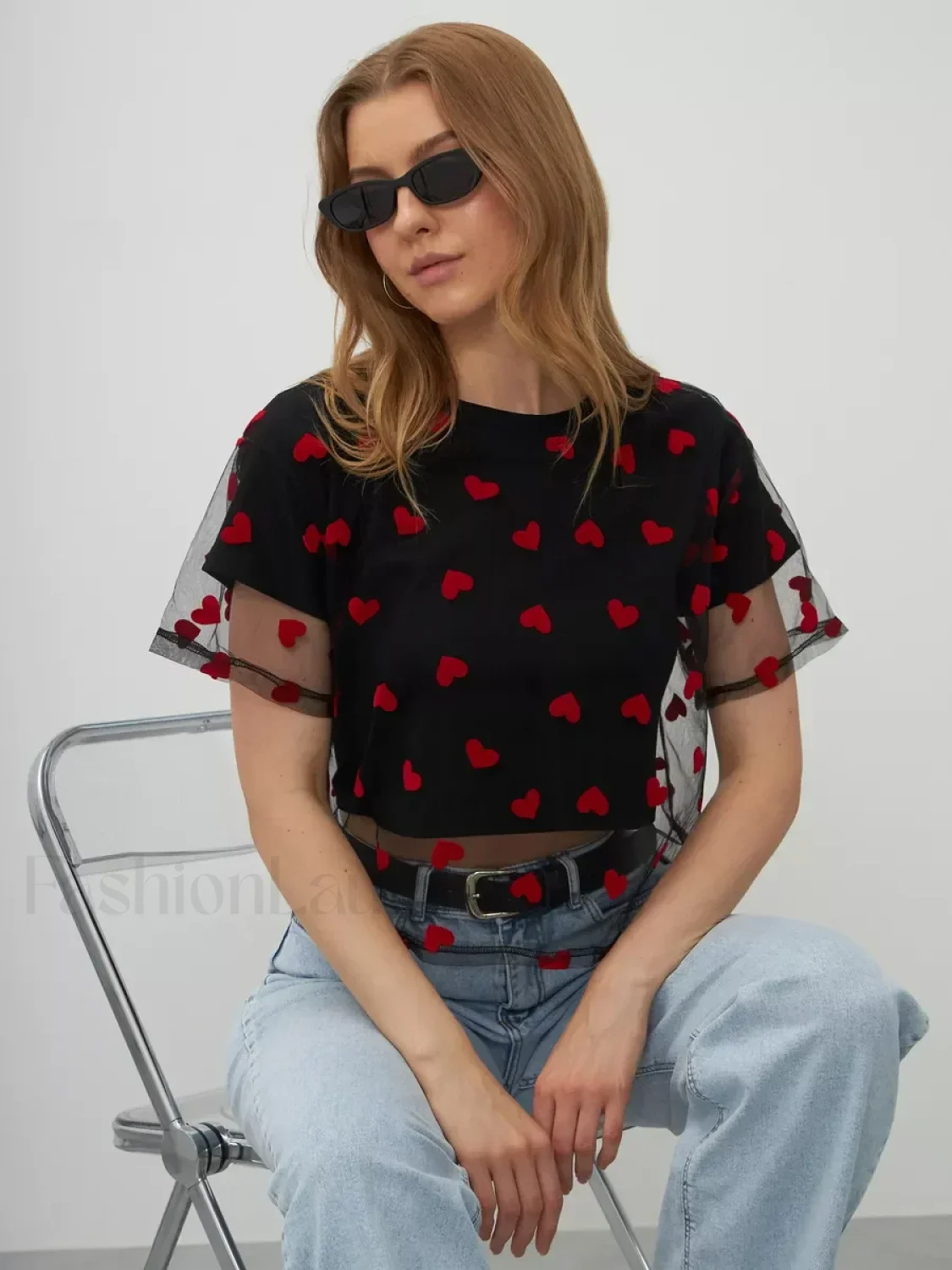 Heart Mesh Patchwork Cotton T-Shirt - Image 4