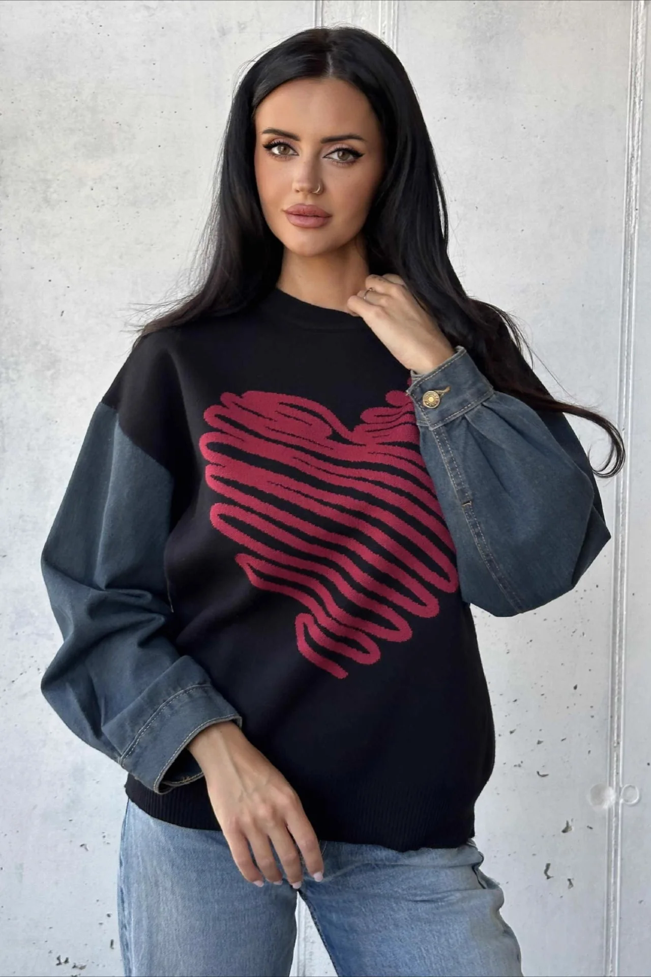 Heart Pattern Crewneck Denim Sweater - Image 2
