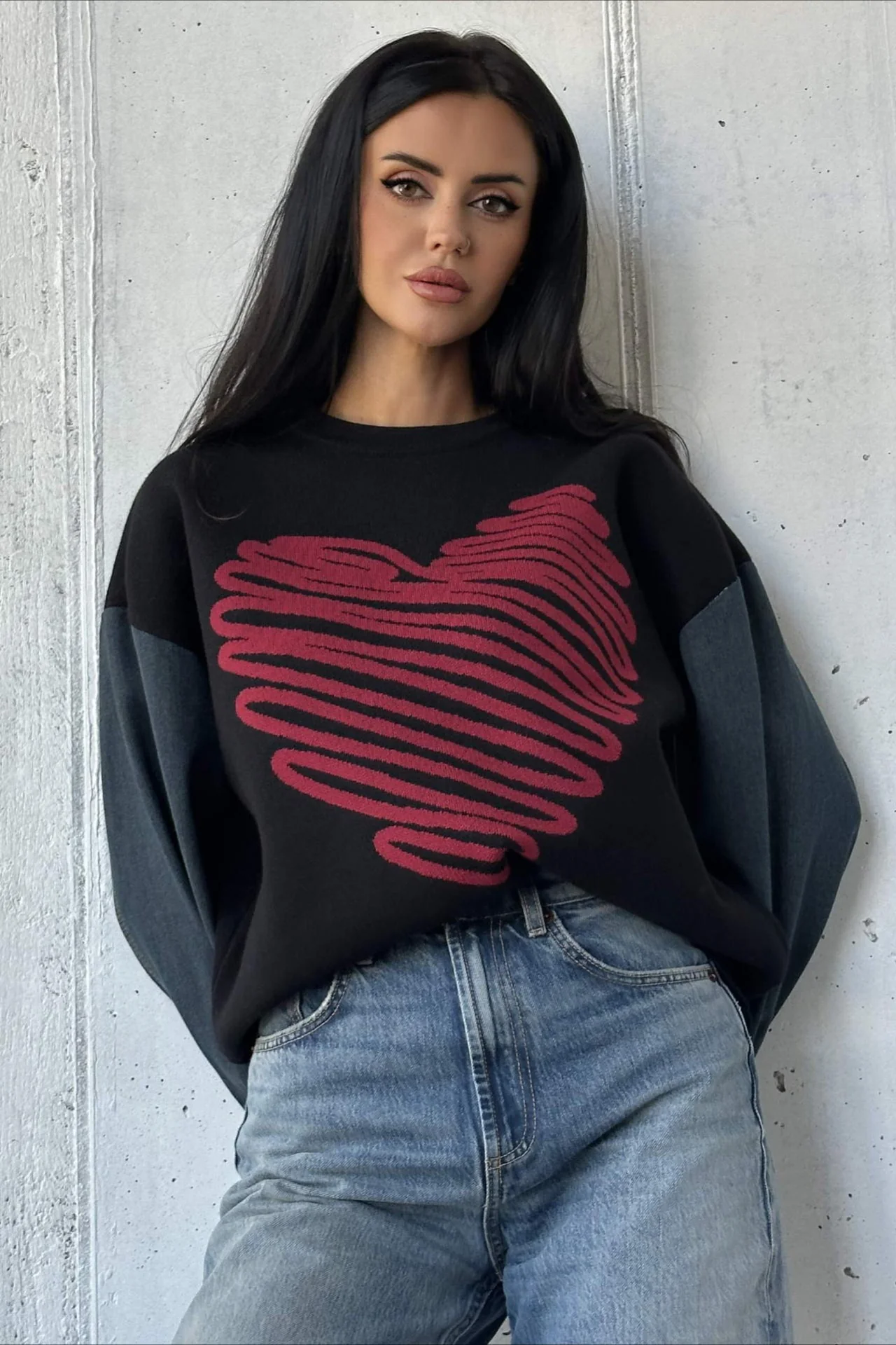 Heart Pattern Crewneck Denim Sweater - Image 3