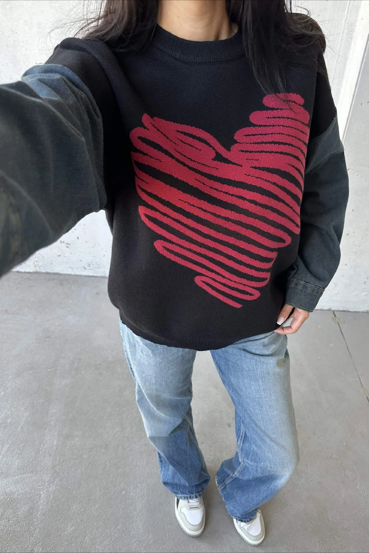 Heart Pattern Crewneck Denim Sweater - Image 4