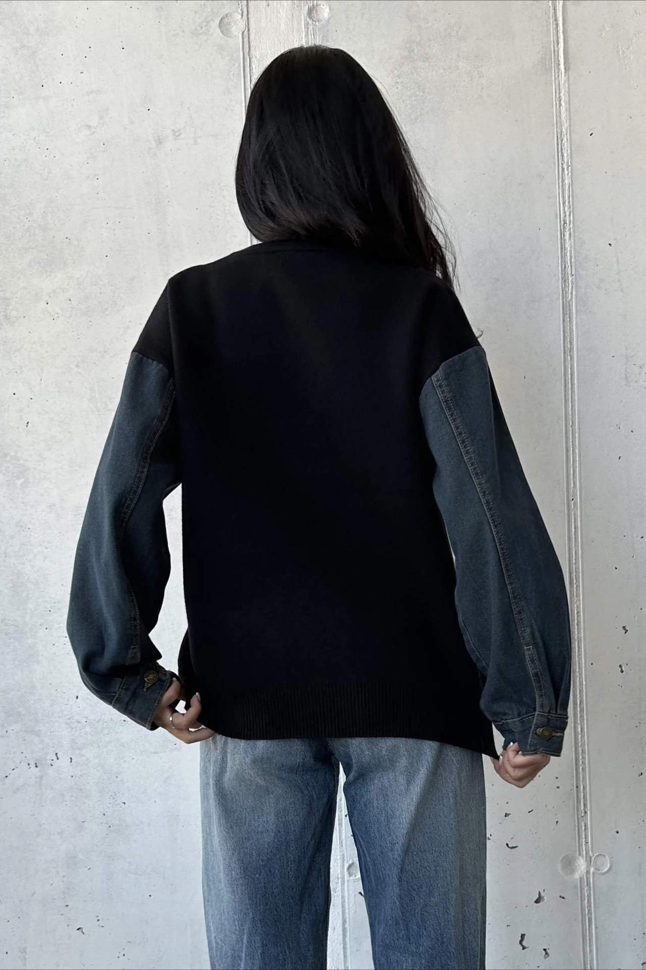 Heart Pattern Crewneck Denim Sweater - Image 5