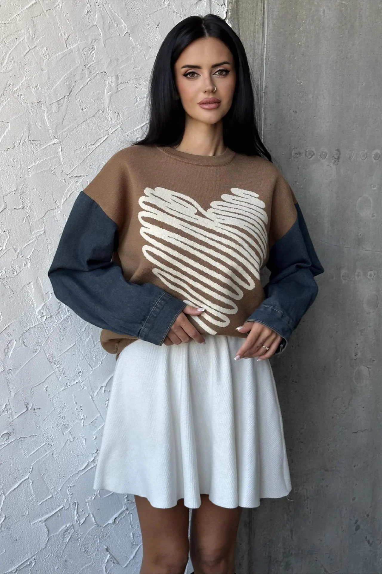 Heart Pattern Crewneck Denim Sweater - Image 6