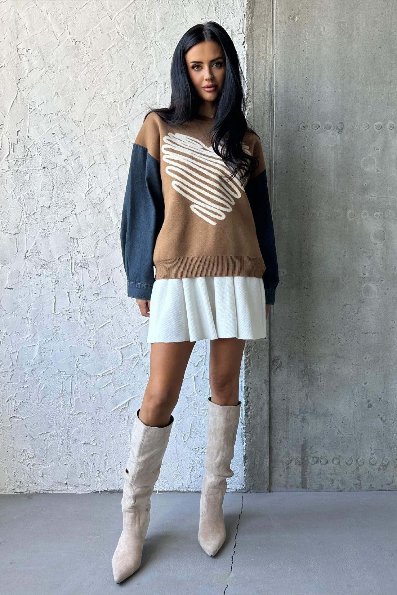 Heart Pattern Crewneck Denim Sweater - Image 7