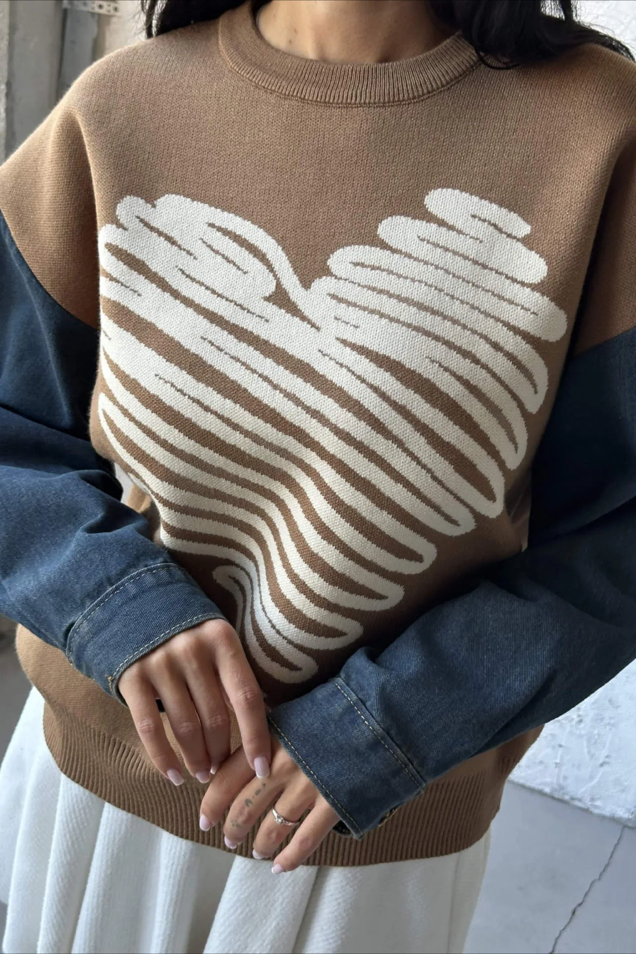 Heart Pattern Crewneck Denim Sweater - Image 8