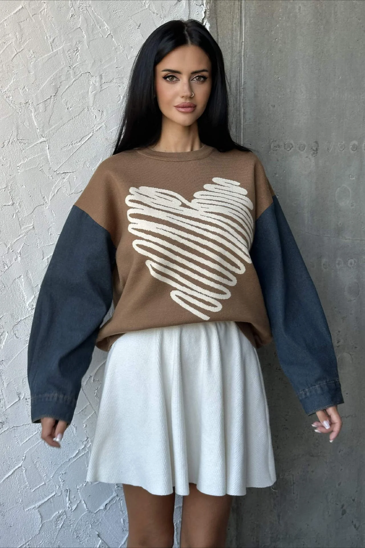 Heart Pattern Crewneck Denim Sweater - Image 9