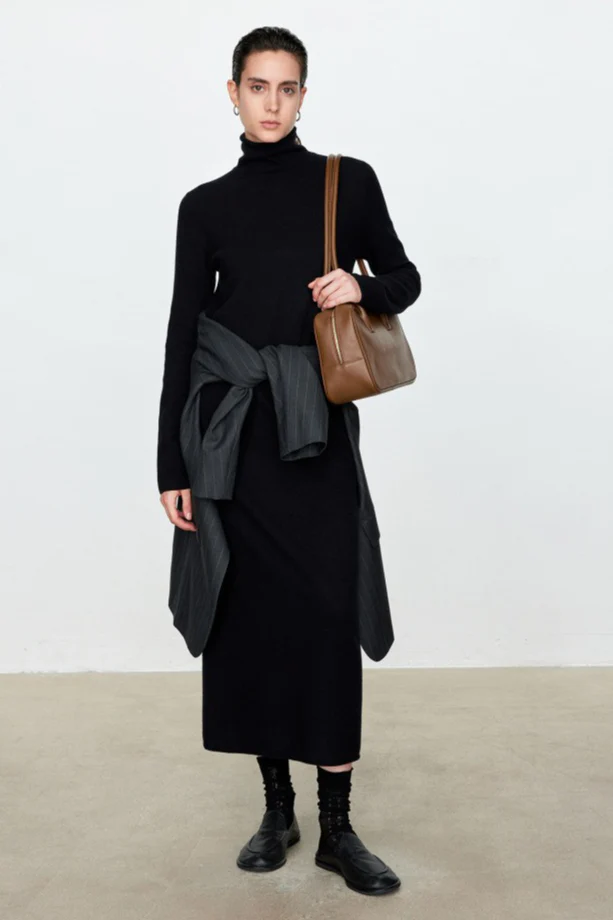 High Neck Flocked Slouchy Knit Dress - Image 7