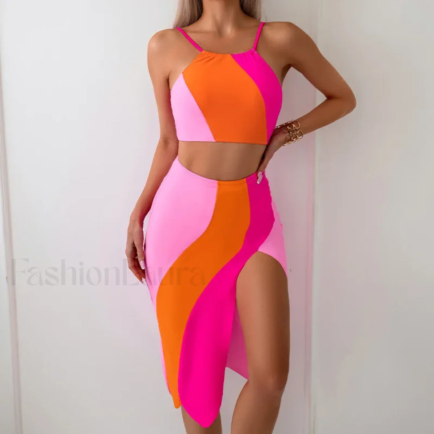 High-Neck Pink Sarong Three Piece Set - Image 10