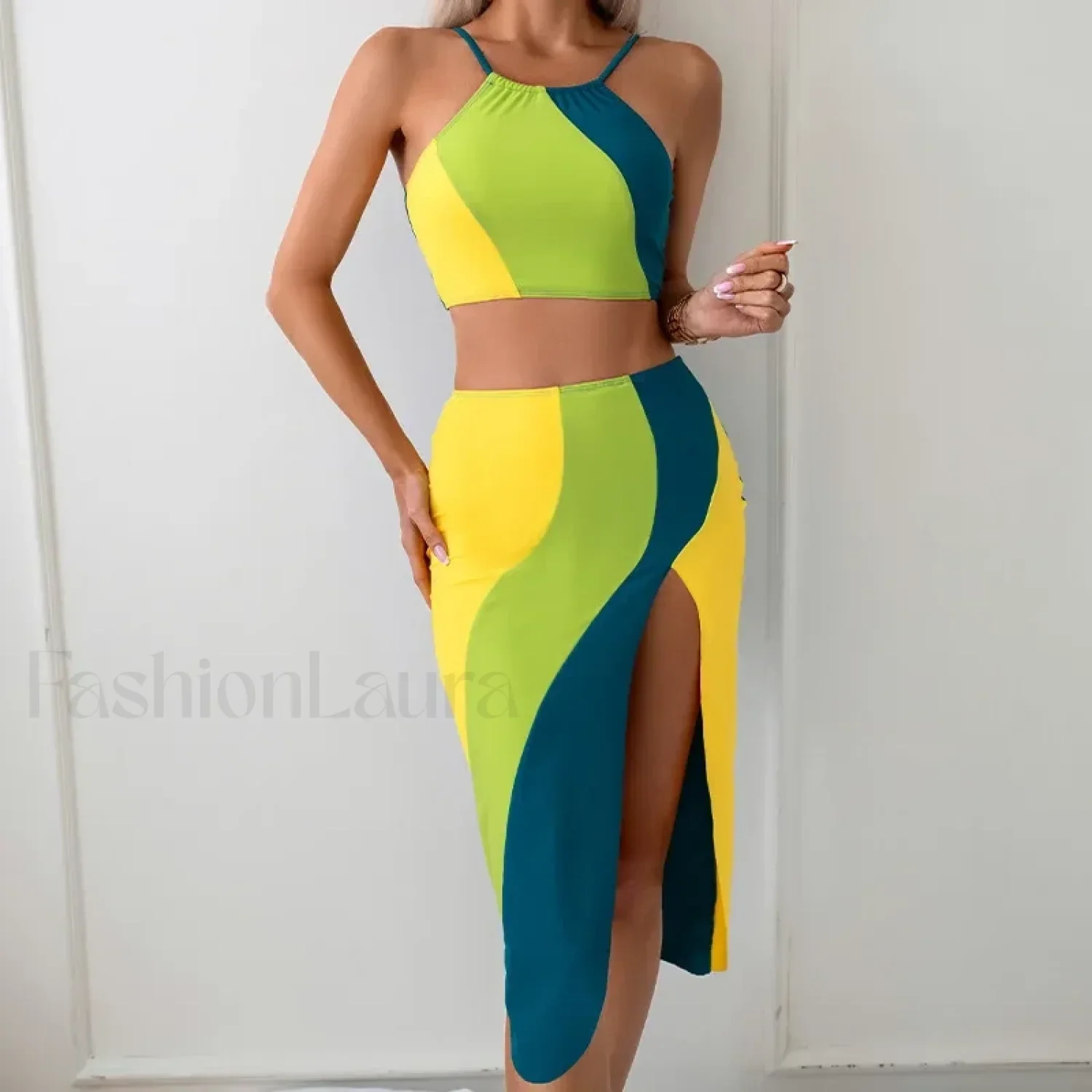 High-Neck Pink Sarong Three Piece Set - Image 2