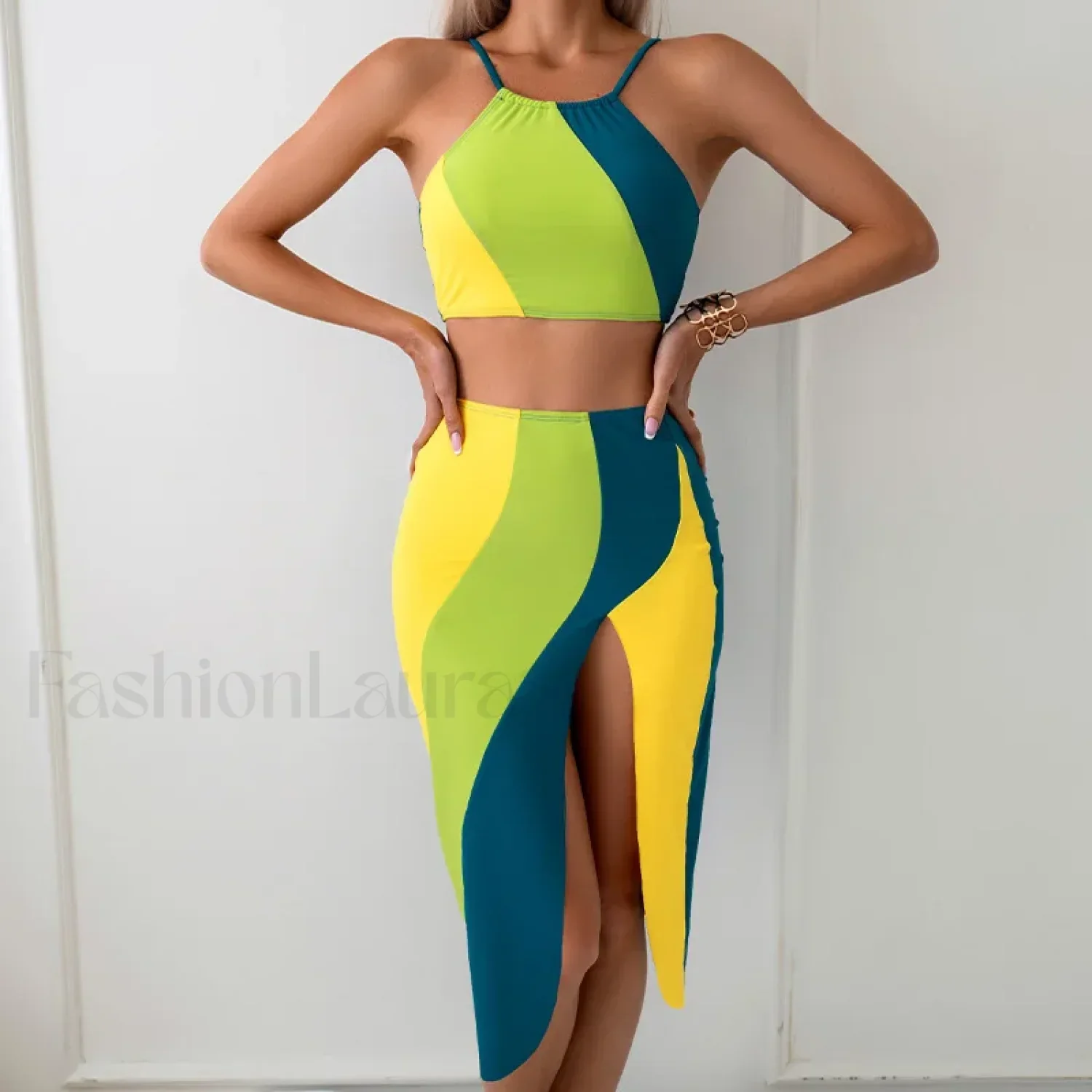 High-Neck Pink Sarong Three Piece Set - Image 5