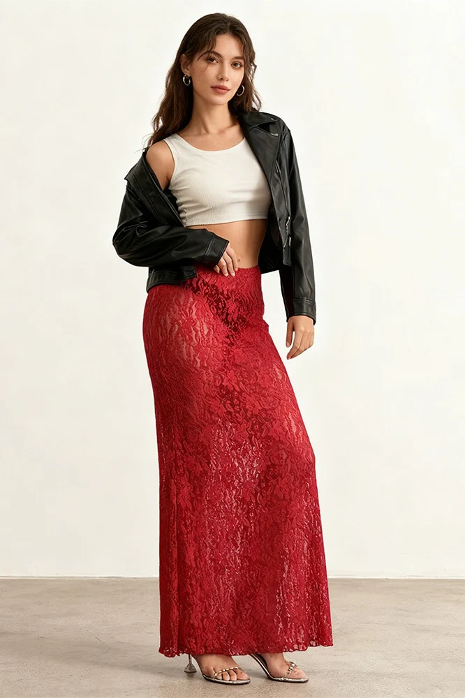 High Waist Lace Panel Stretch A-Line Pencil Skirt - Image 3