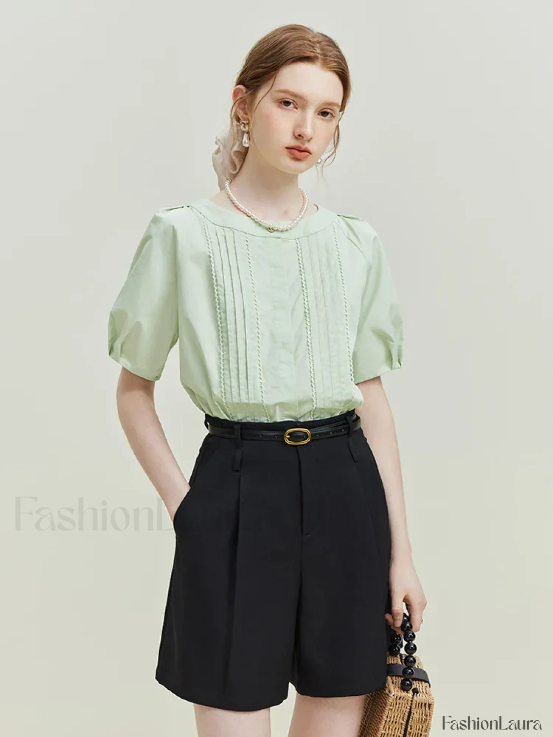 High Waist Pleated Design Twill Office Lady Solid Short - Image 11