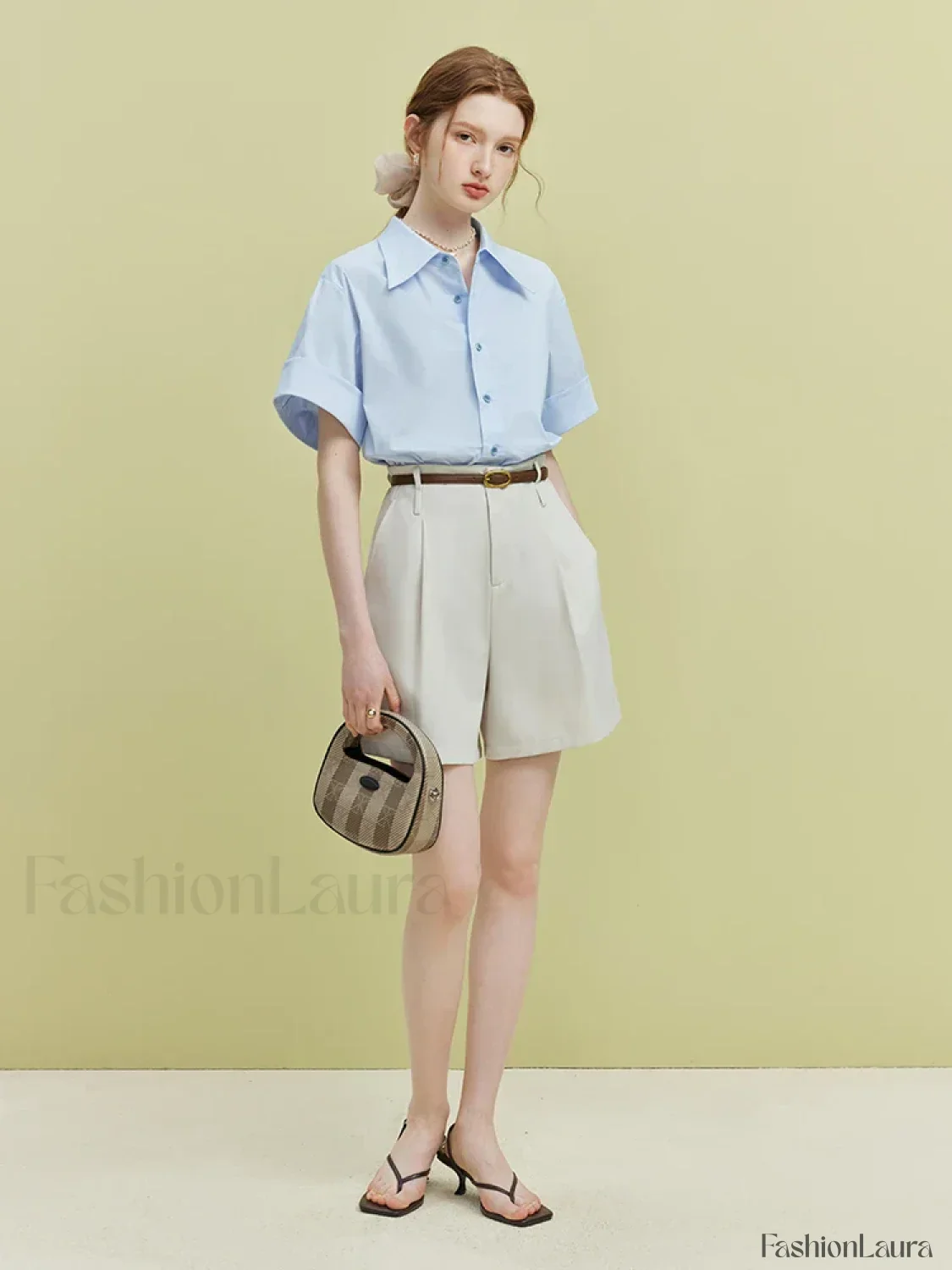 High Waist Pleated Design Twill Office Lady Solid Short - Image 12