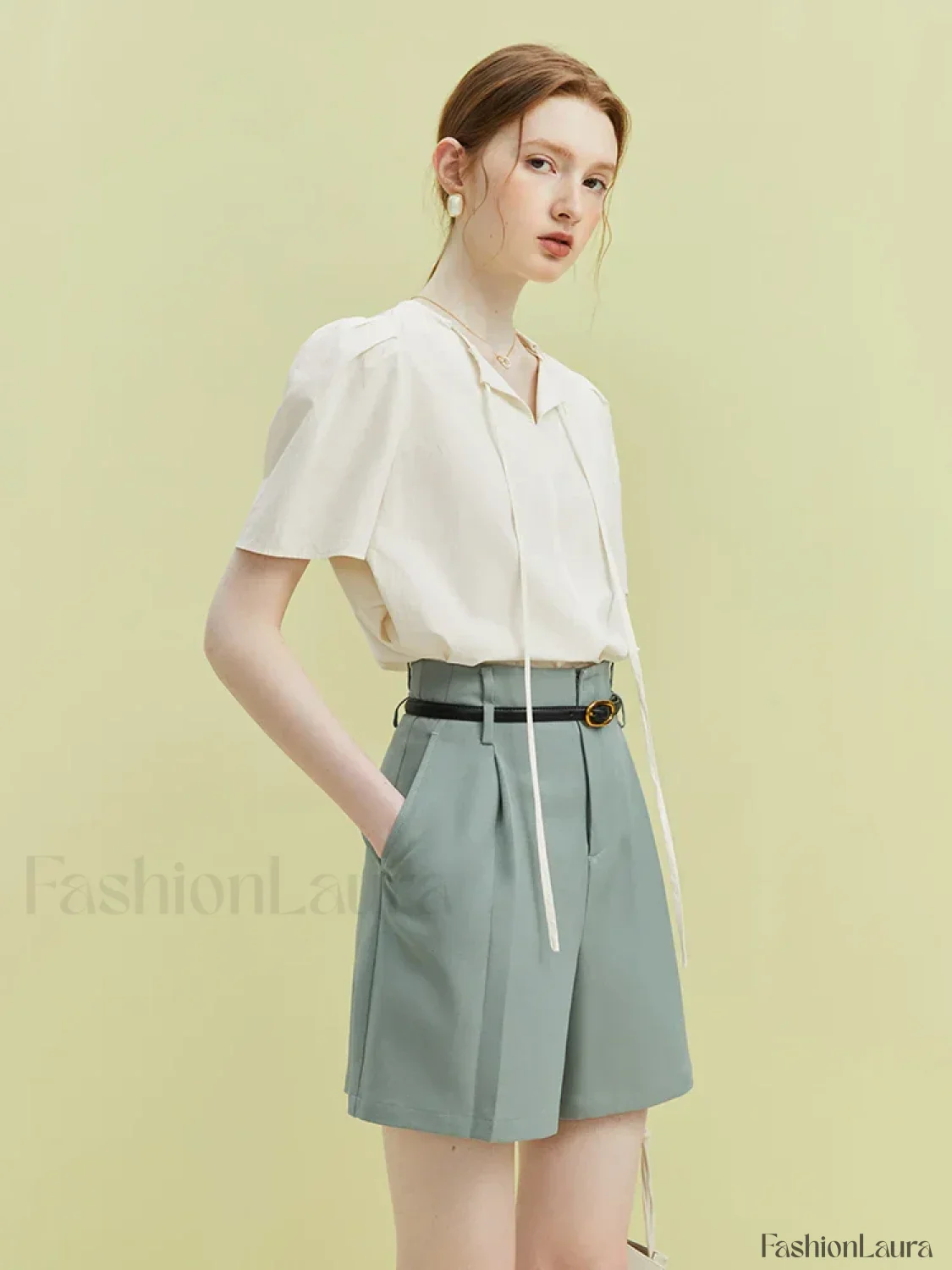High Waist Pleated Design Twill Office Lady Solid Short - Image 14