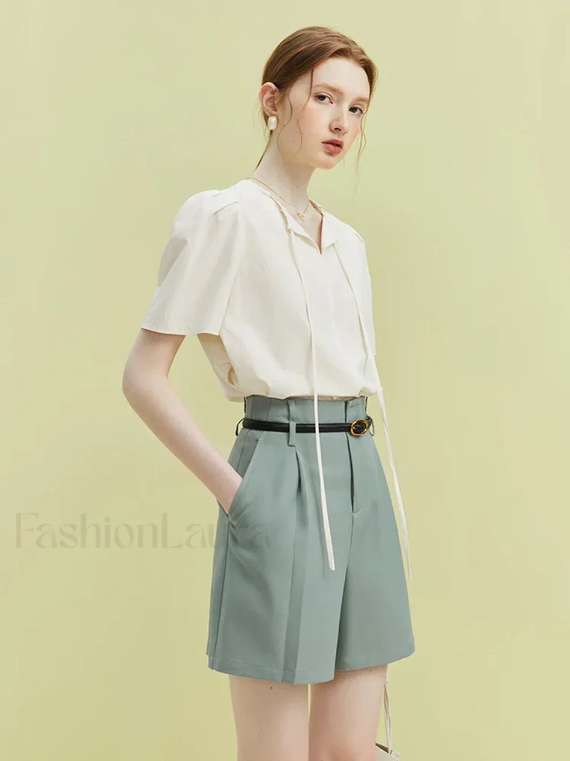 High Waist Pleated Design Twill Office Lady Solid Short - Image 8
