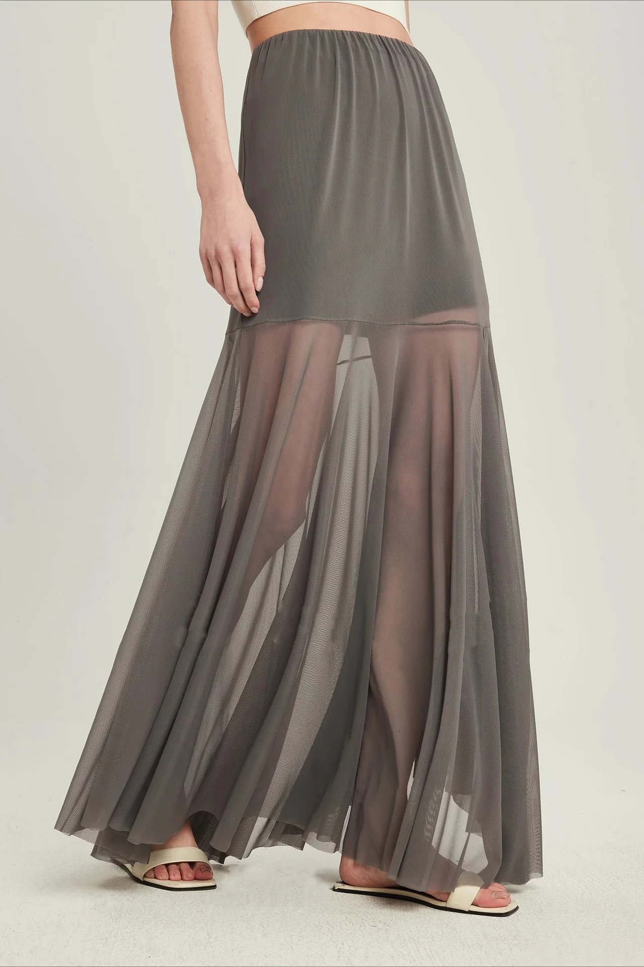 High Waist Tiered Mesh Insert Asymmetrical Skirt