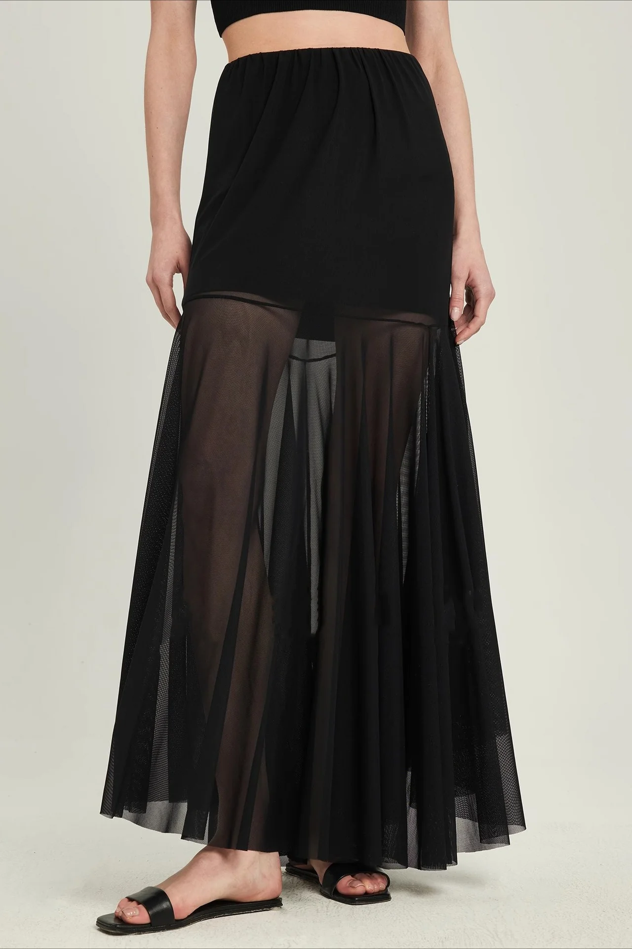High Waist Tiered Mesh Insert Asymmetrical Skirt - Image 6