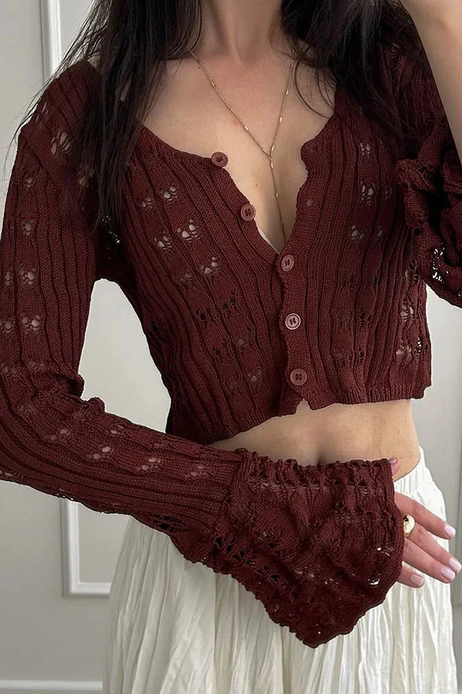 Hollow Out Knit V Neck Long Sleeve Cardigan - Image 25