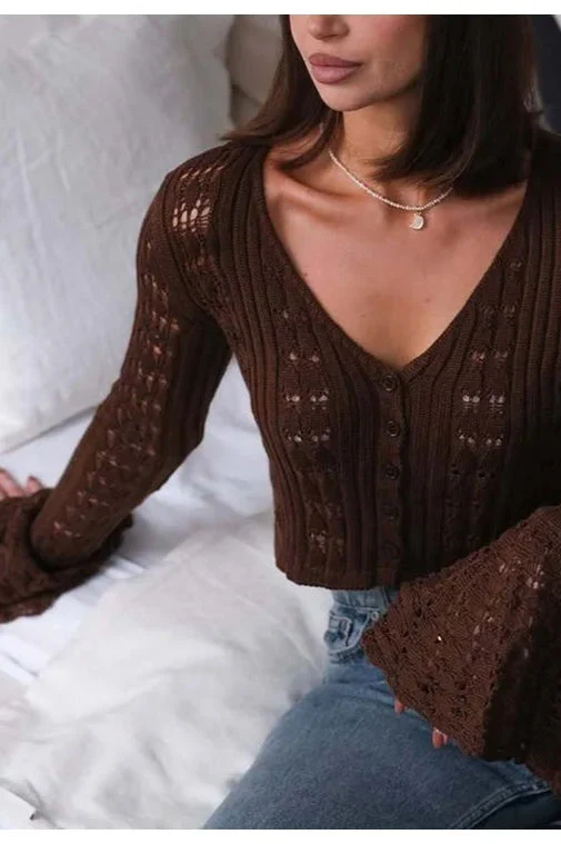 Hollow Out Knit V Neck Long Sleeve Cardigan - Image 26