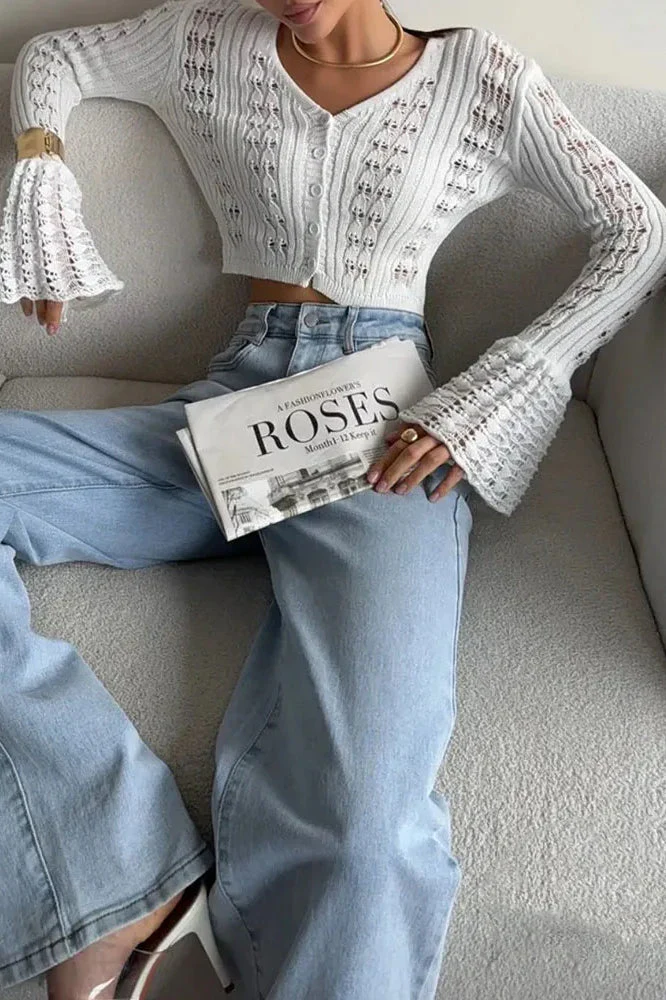 Hollow Out Knit V Neck Long Sleeve Cardigan - Image 28