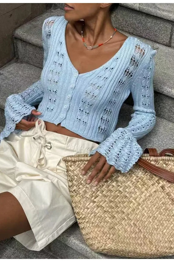 Hollow Out Knit V Neck Long Sleeve Cardigan - Image 32