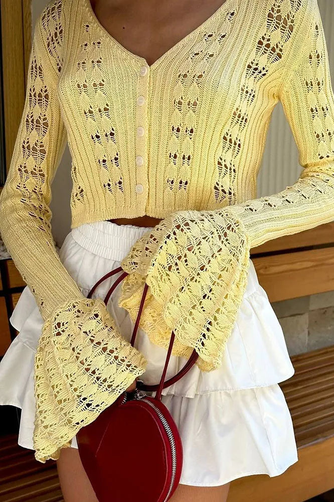 Hollow Out Knit V Neck Long Sleeve Cardigan - Image 36