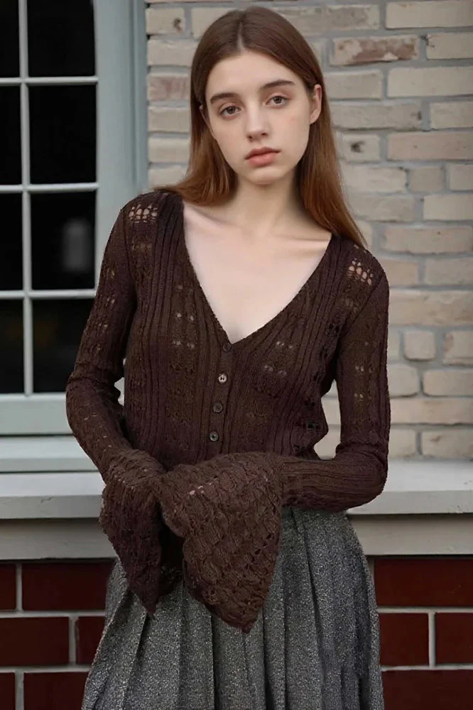 Hollow Out Knit V Neck Long Sleeve Cardigan - Image 7