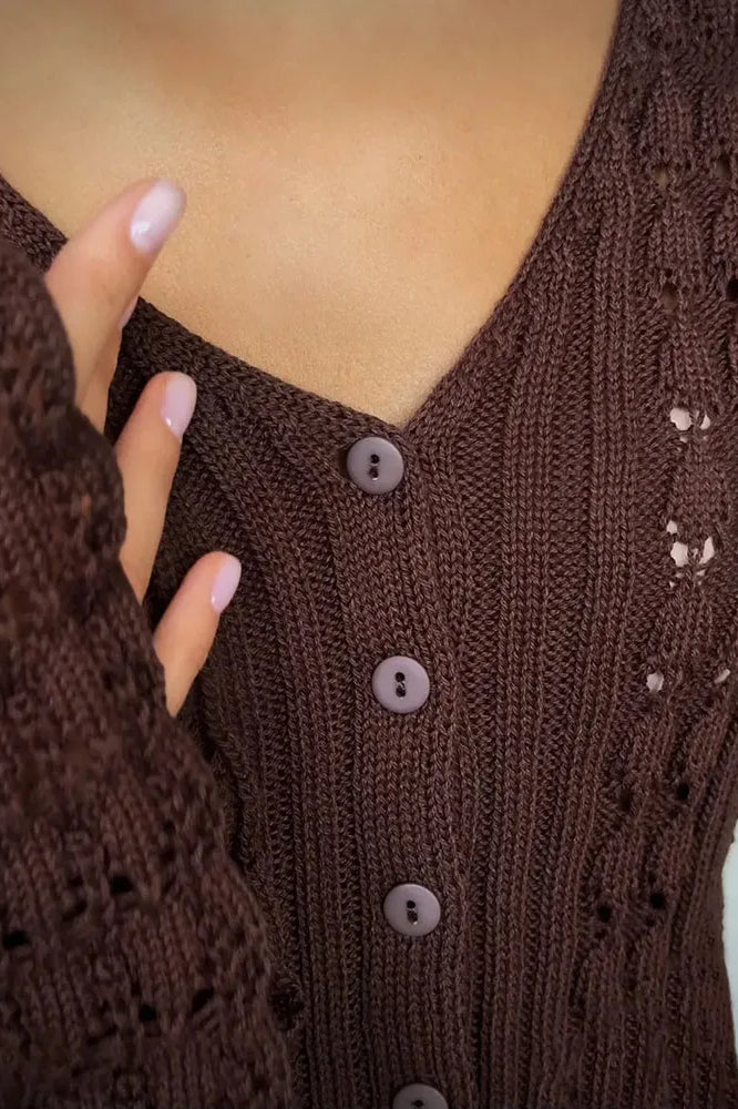Hollow Out Knit V Neck Long Sleeve Cardigan - Image 9