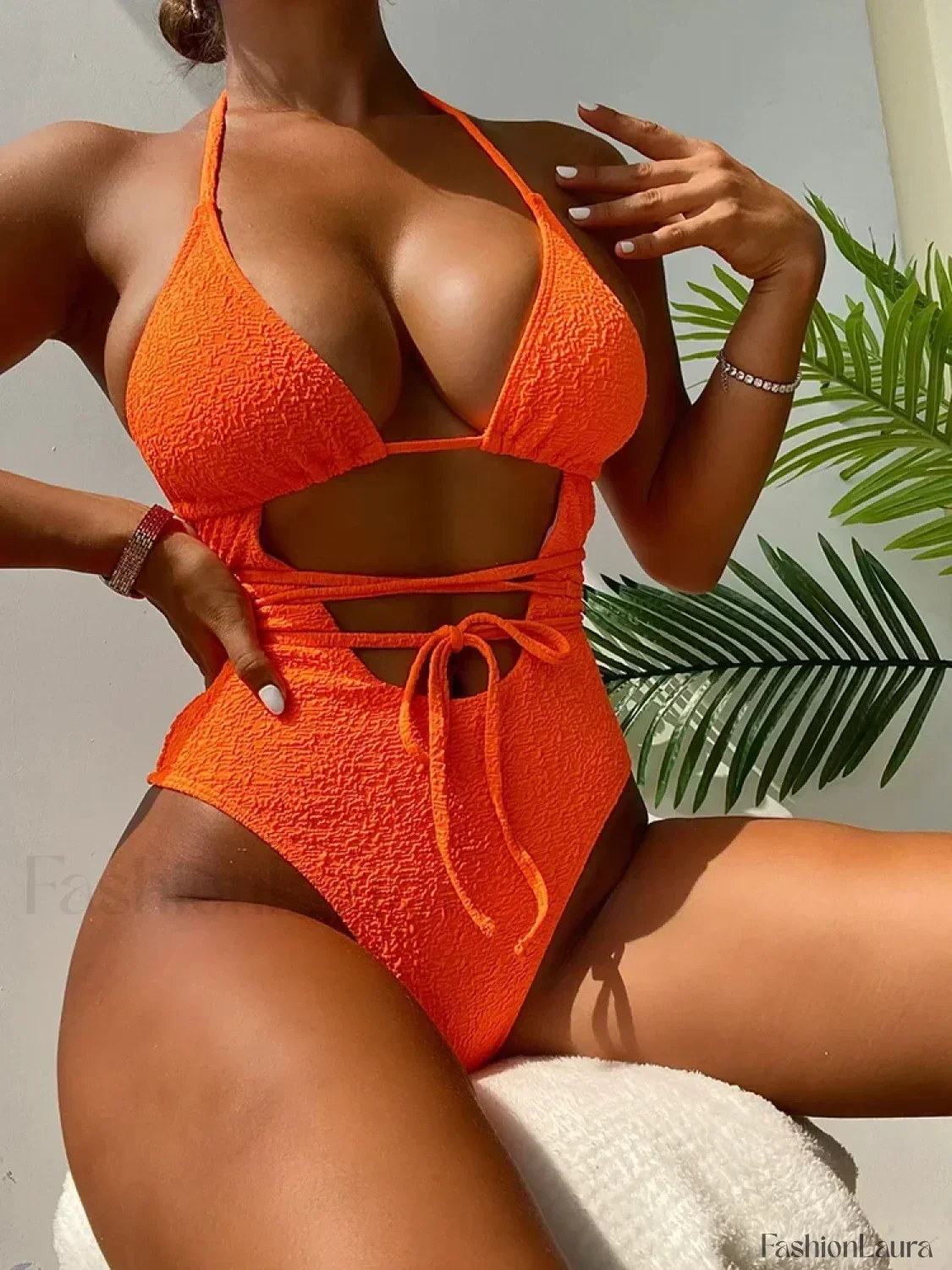 Hollow Out Lace Up Backless One Piece - Image 7