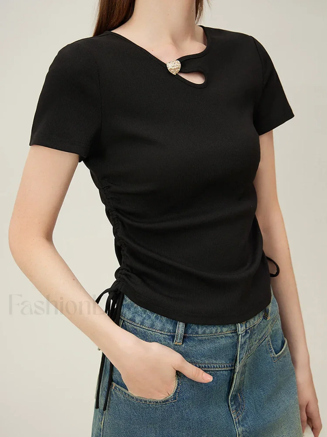 Hollow Out Slim Drawstring Black T-Shirt - Image 3