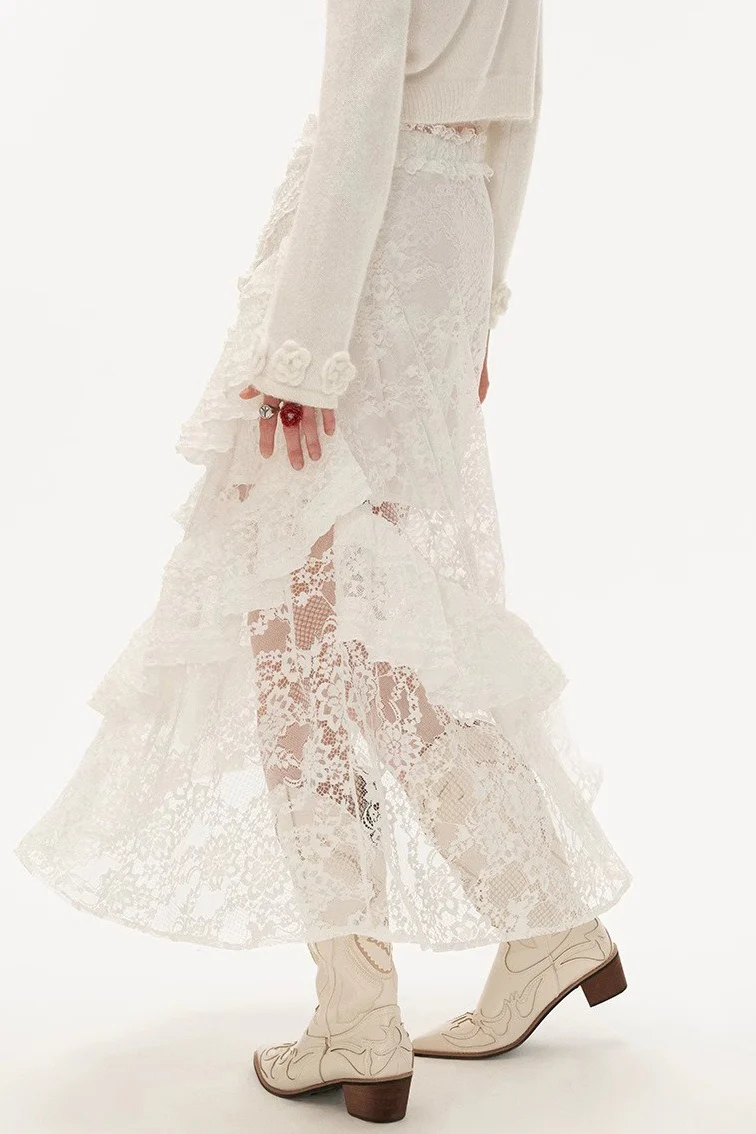 Hot Girl Lace Tiered Mesh Stylish Slim Midi Skirt - Image 5