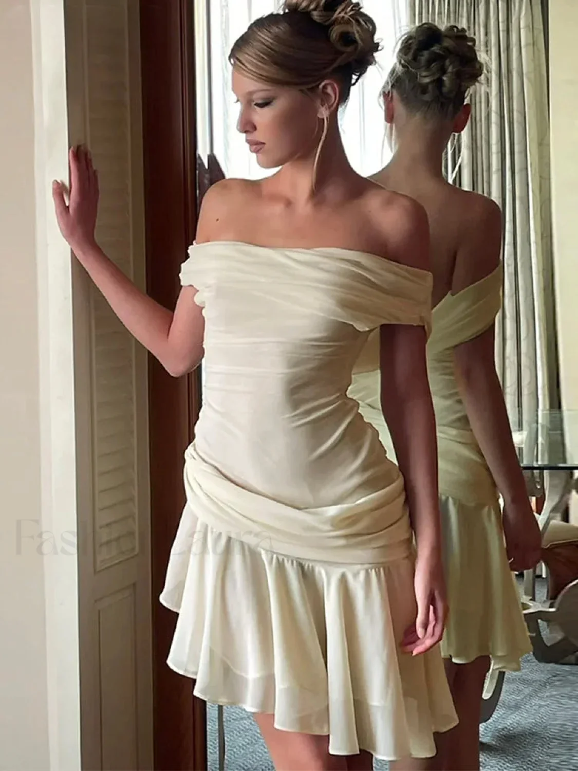 Inclined Shoulder Patchwork Mini Dress - Image 3