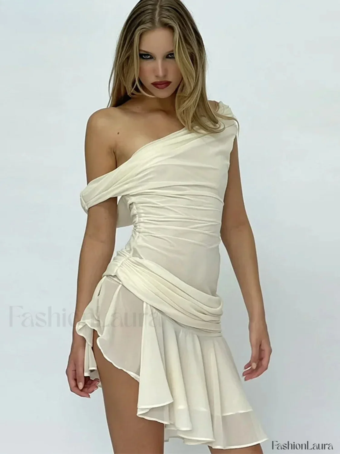 Inclined Shoulder Patchwork Mini Dress - Image 9