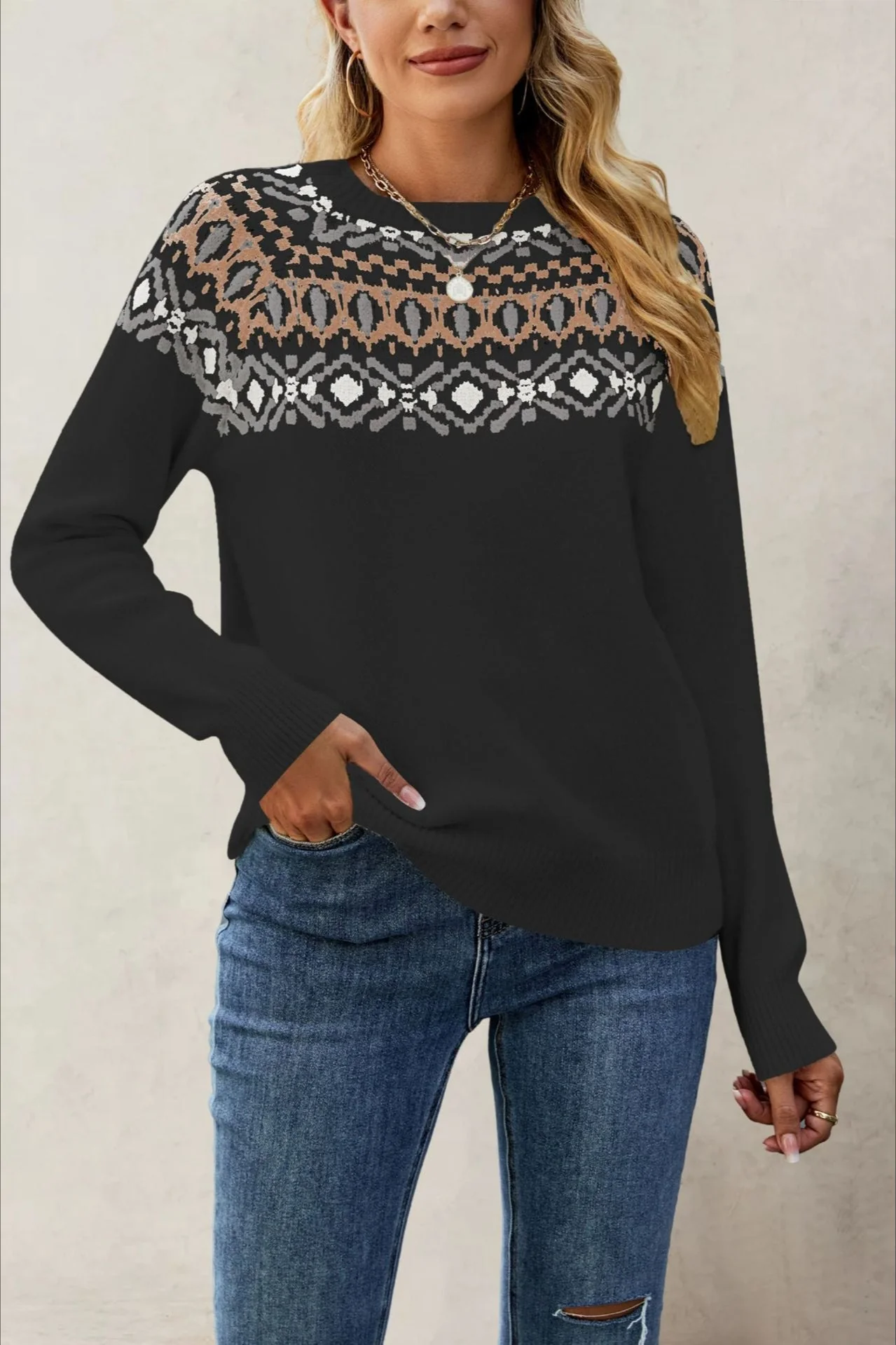 Jacquard Crew Neck Knit Pullover Sweater - Image 10