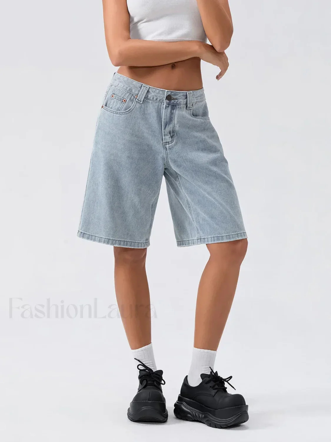 Knee Length Denim Low Rise Wide Leg Casual Streetwear Short - Image 12