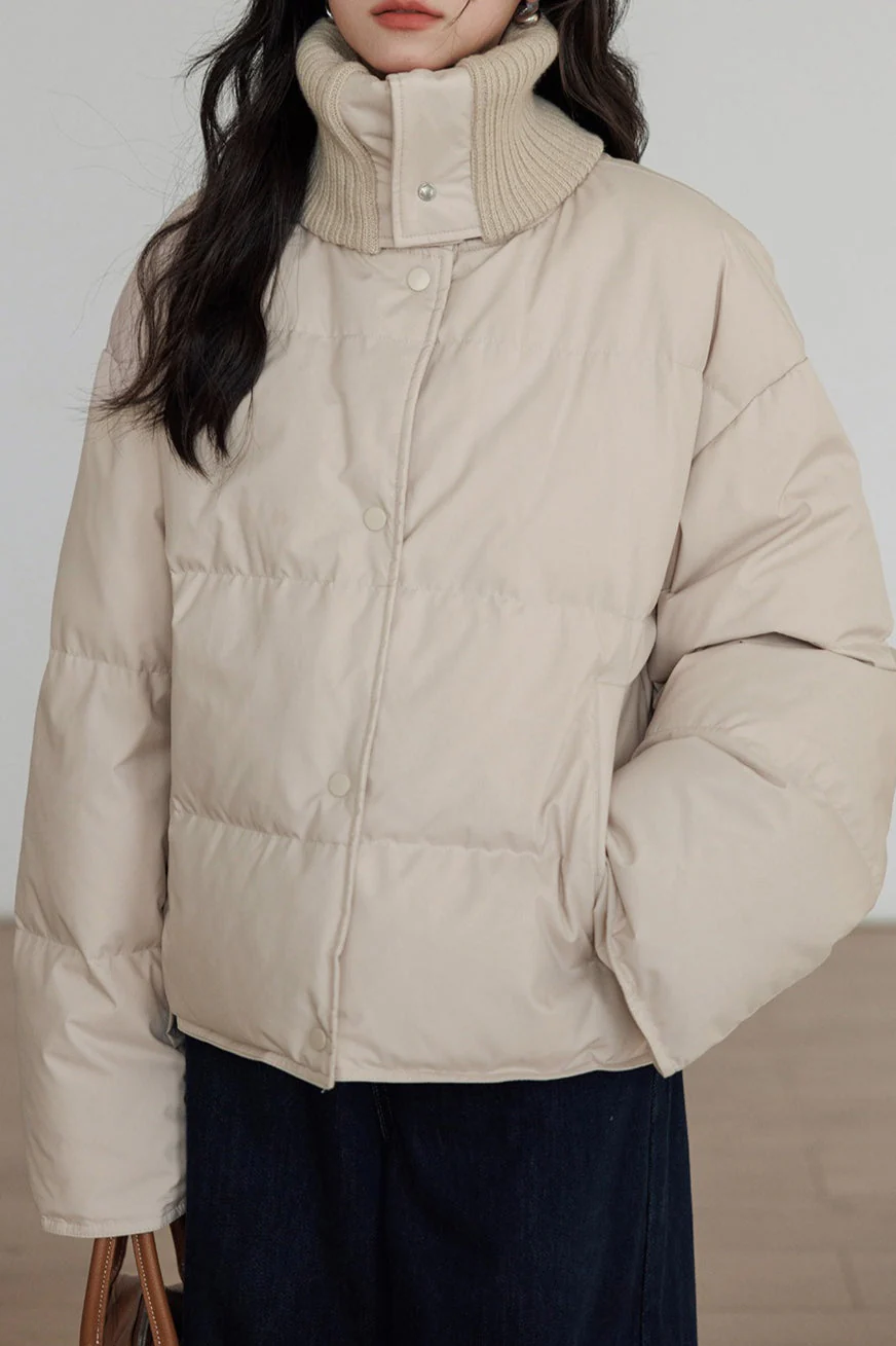 Knit Collar White Duck Down Puffer Jacket - Image 8