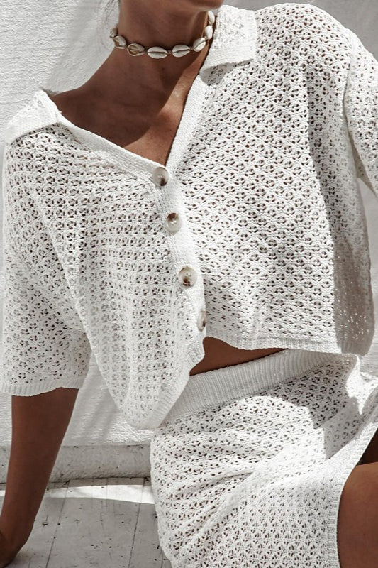 Knit Short Sleeve Crochet Skirt Set - Image 3