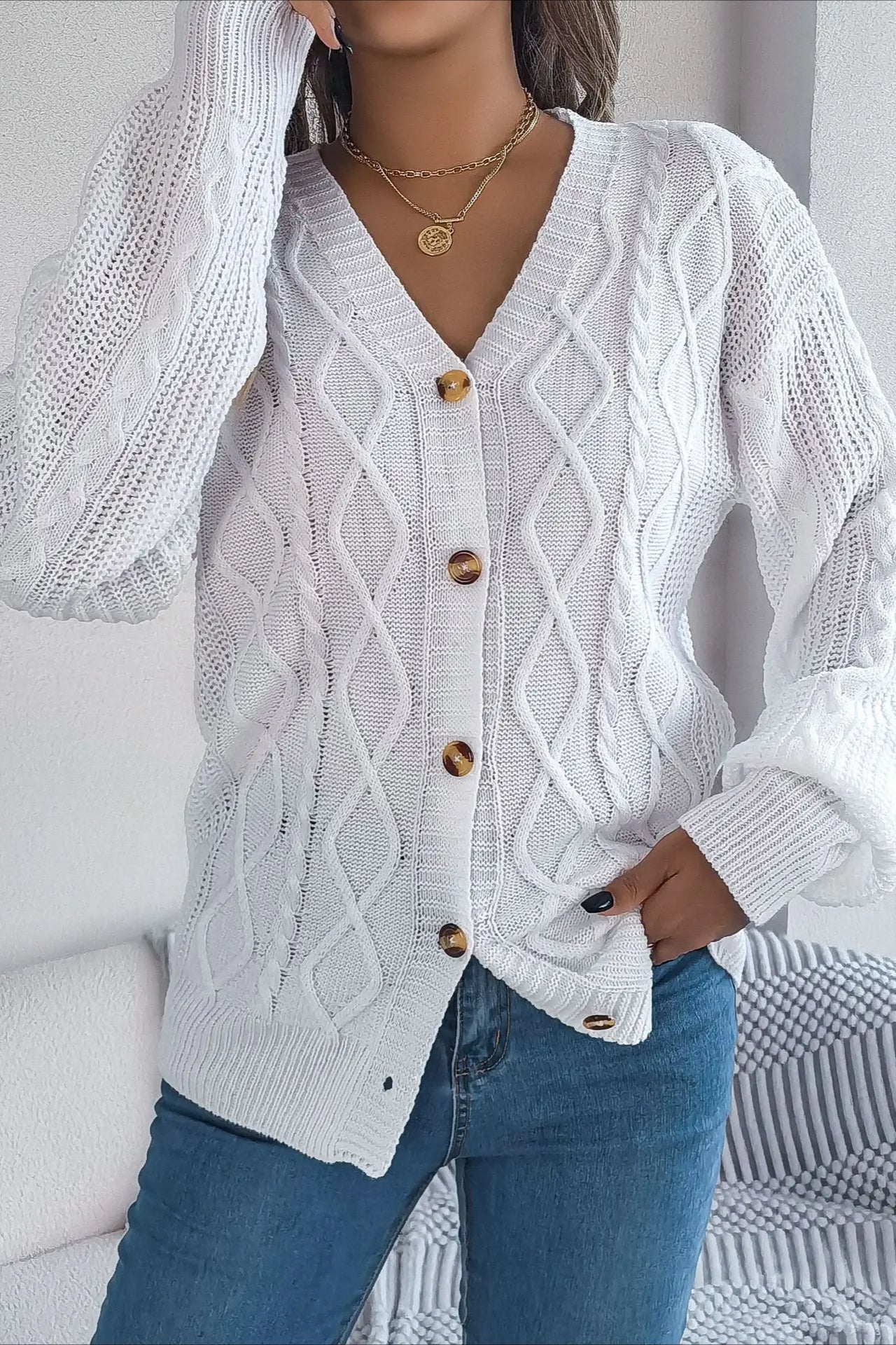 Knitted Long Sleeve Loose Single Breasted Cardigan - Image 11