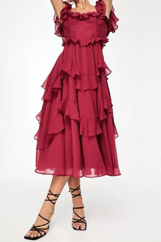 Lace Backless Tiered Ruffle Long Prom Dress - Image 3