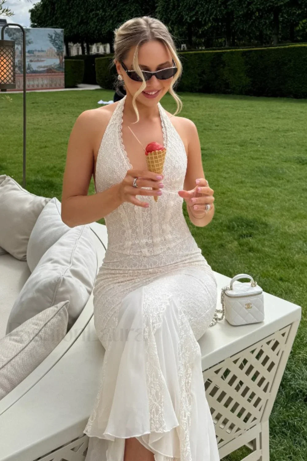 Lace Mesh Halter Backless Mermaid Maxi Dress - Image 10