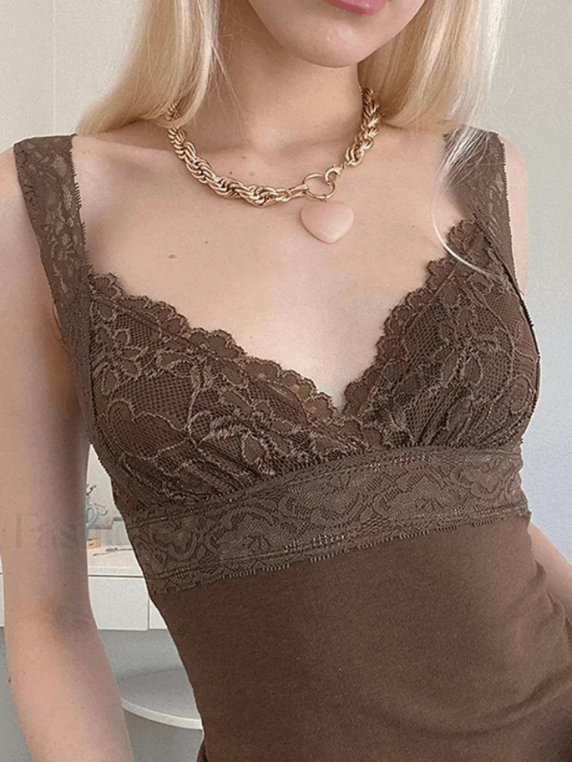 Lace Paneled Brown Tank Top - Image 3