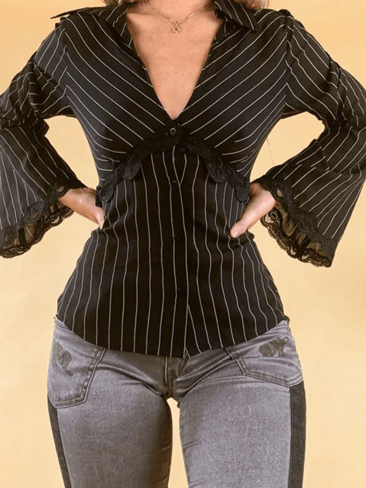 Lace Paneled Long Sleeve Striped Blouse - Image 16