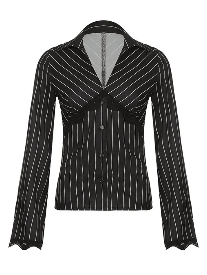 Lace Paneled Long Sleeve Striped Blouse - Image 4