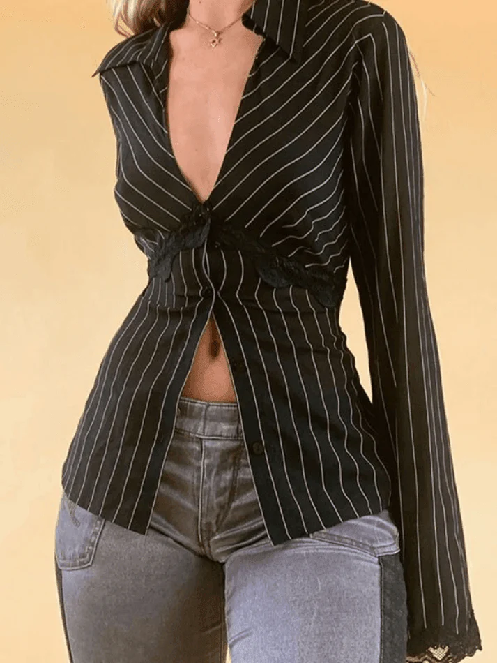 Lace Paneled Long Sleeve Striped Blouse - Image 7