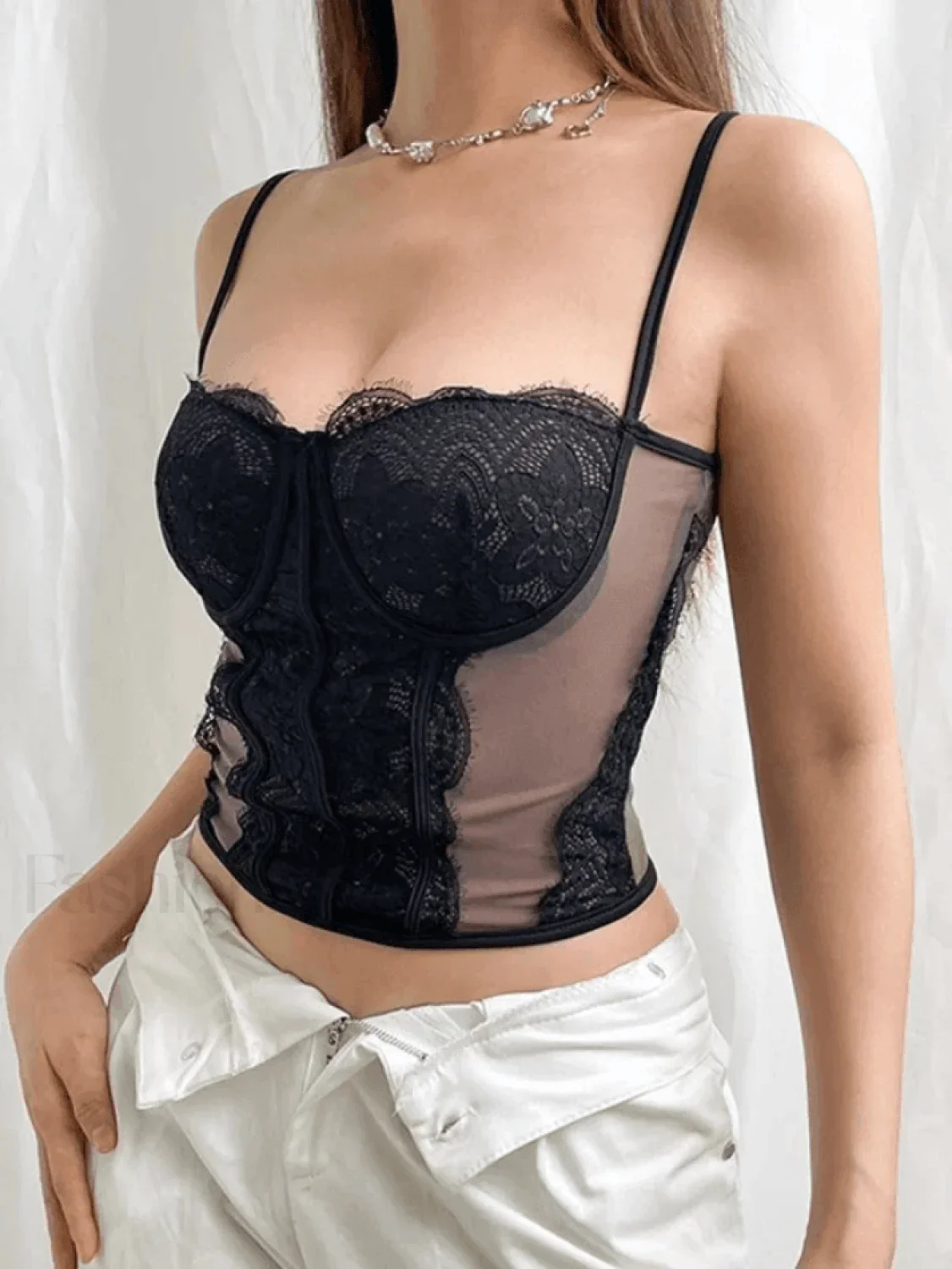 Lace Paneled Mesh Corset Top - Image 4