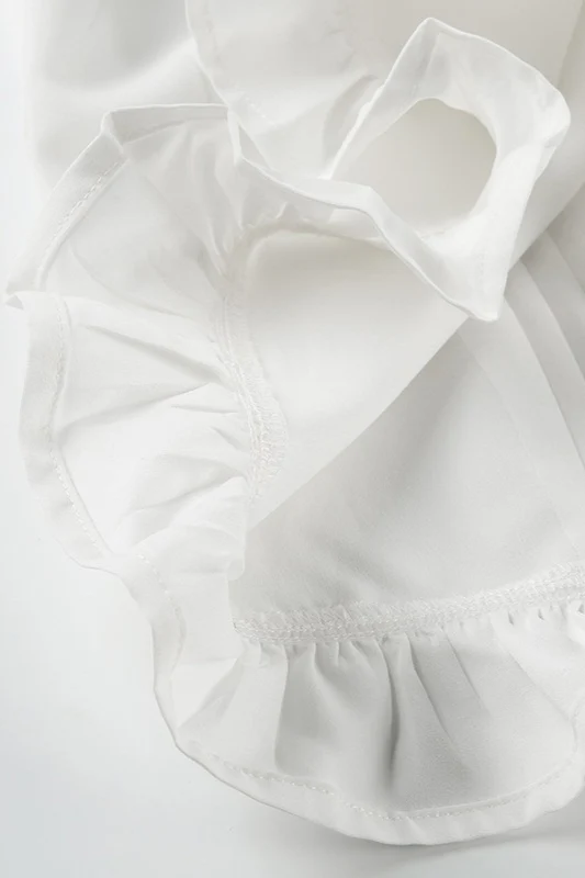 Lace Paneled Ruched Puff Sleeve Tie Blouse - Image 8